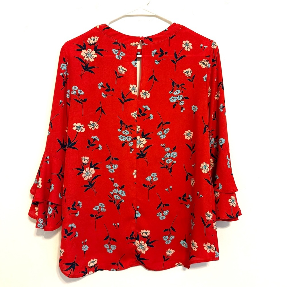 2/$15 Krazy Kat - Red Floral Blouse with 3/4 Bell Sleeves | Size S - Picture 8 of 8